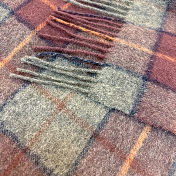 Plaid Wool Scarf – Grey, Burgundy & Rust Check - 12.5″ x 66″ - Picture 11 of 11